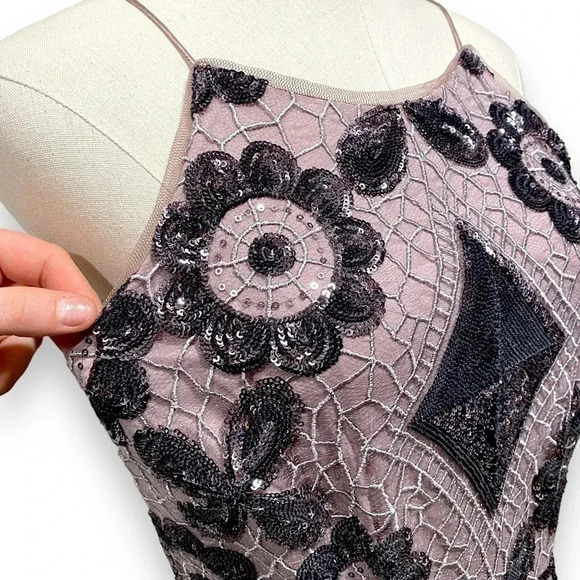 Aidan Mattox Spaghetti Strap Boat Neck Zipper Back Sequin Embellished Mesh Dress - Picture 9 of 10